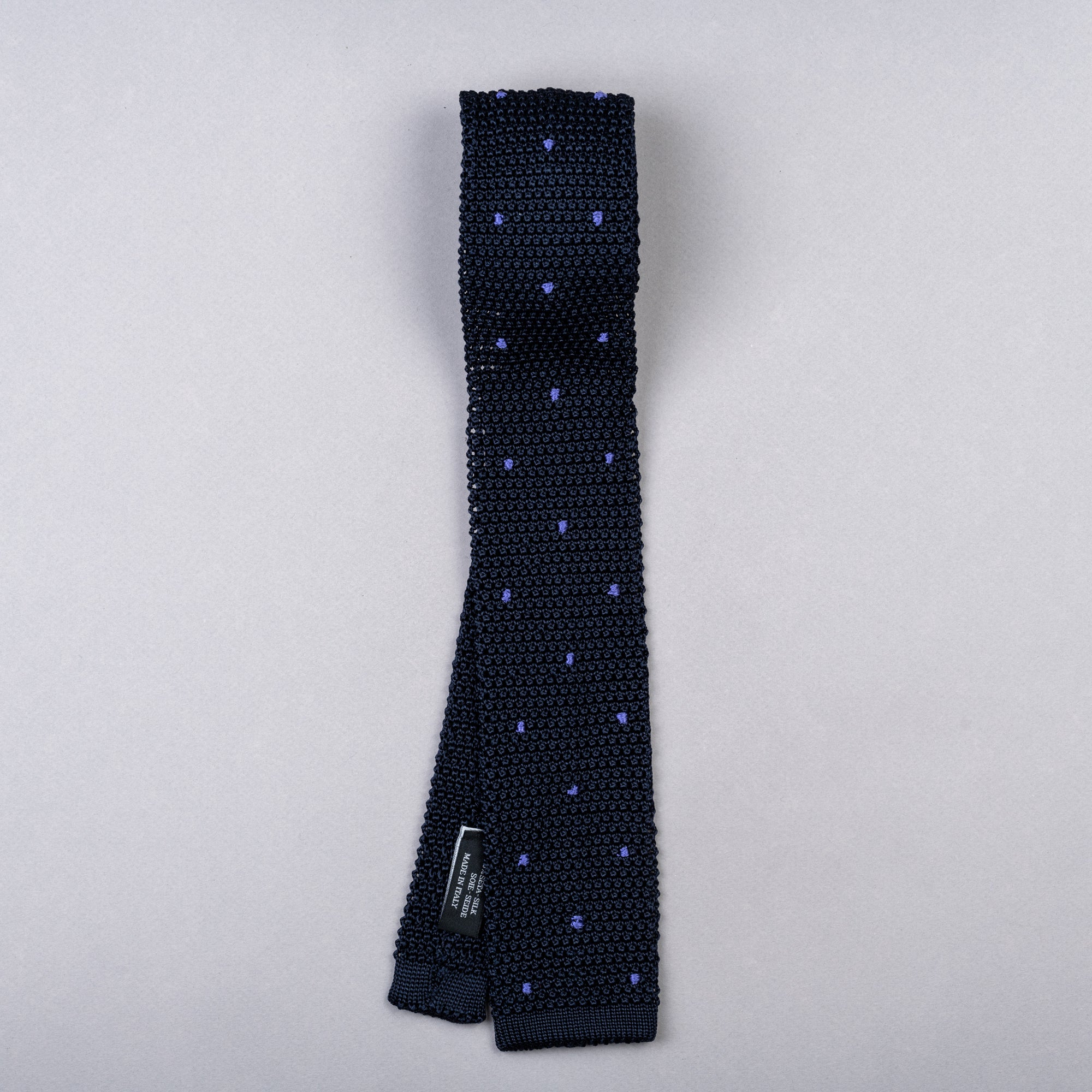 Carlo Fumeo Knitted Tie Marine with Lavender Polka Dots